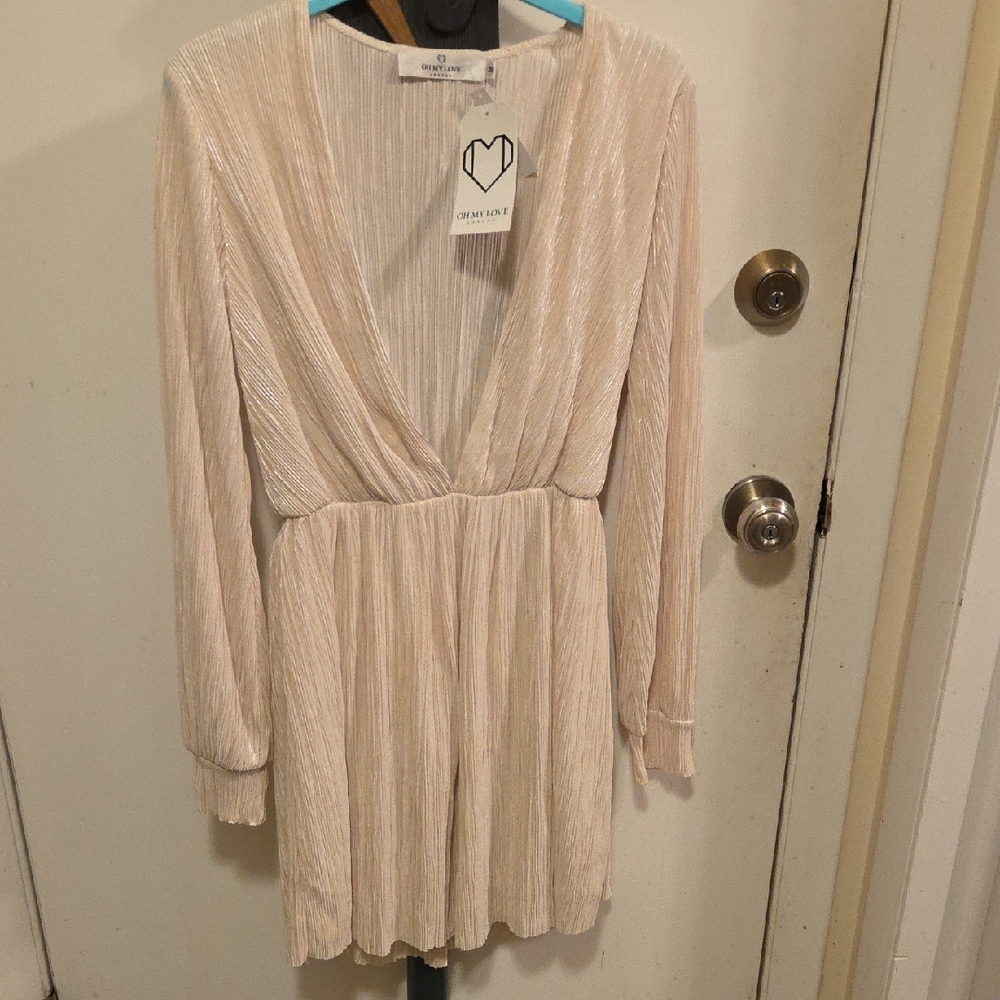 Oh My Love London Pleated Mini Dress | Champagne Beige | Long Sleeve | Size M